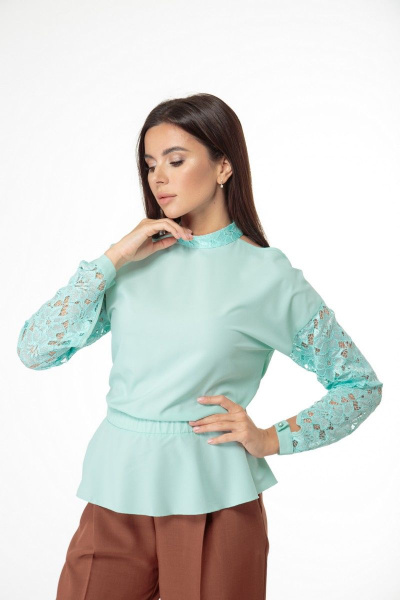Блуза из кружевной ткани с открытыми плечами, демисезон Anelli 495 мята - фото 7