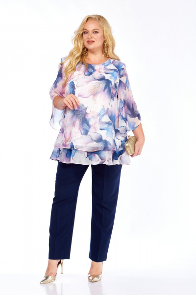 Блуза, брюки Элль-стиль 2213/9 сирень_принт_цветы - фото 11