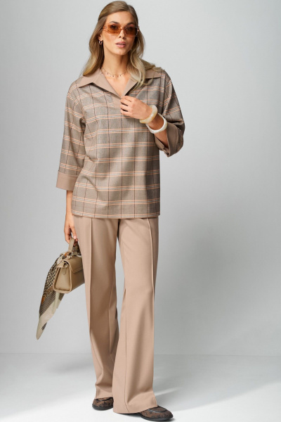 Брюки, жакет Laikony L-553 клетка/капучино - фото 1
