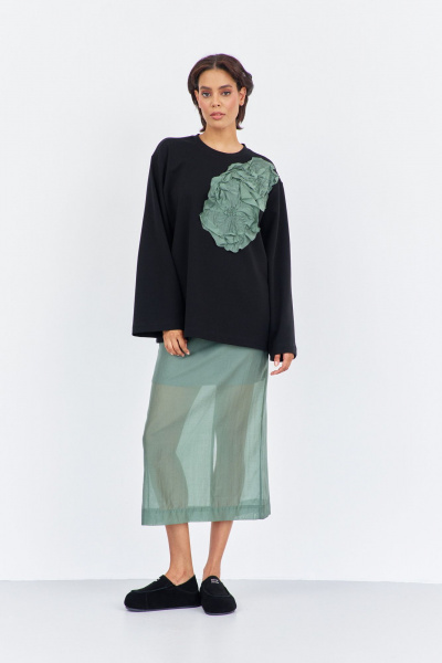 Джемпер, юбка FLAIM 2022 черный-зеленый мох - фото 1