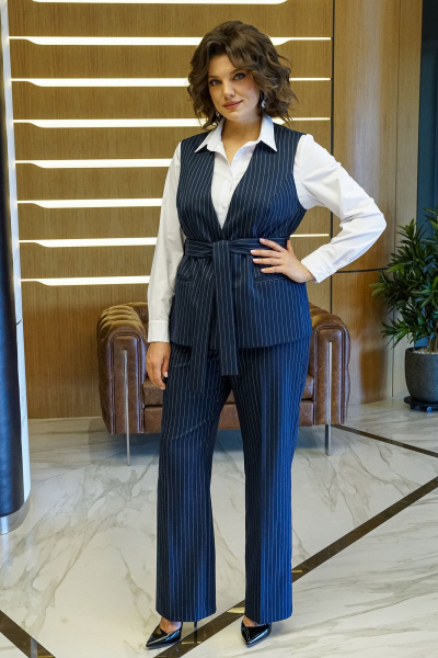 Блуза, брюки, жилет Alani Collection 2411 синий_полоска-белый - фото 2