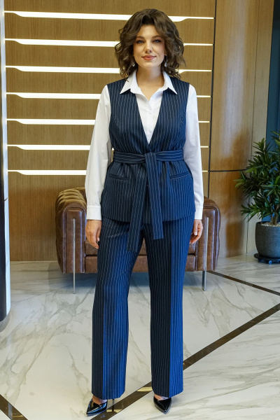 Блуза, брюки, жилет Alani Collection 2411 синий_полоска-белый - фото 1