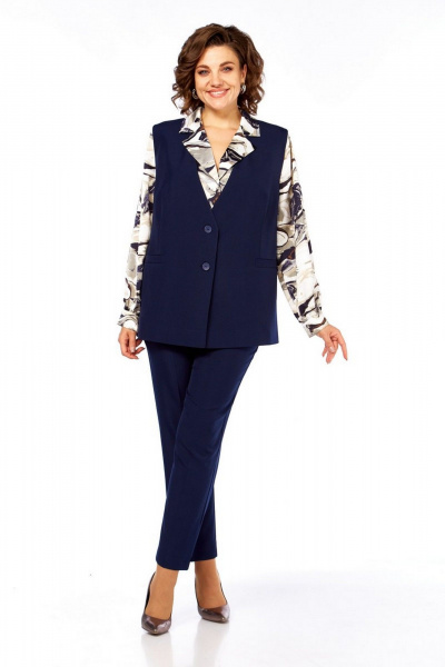 Блуза, брюки, жилет Милора-стиль 1375 синий+абстракция - фото 2