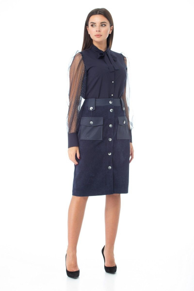 Юбка-карандаш из вельвета с кожаной отделкой и карманами Anelli 922 темно-синий - фото 11
