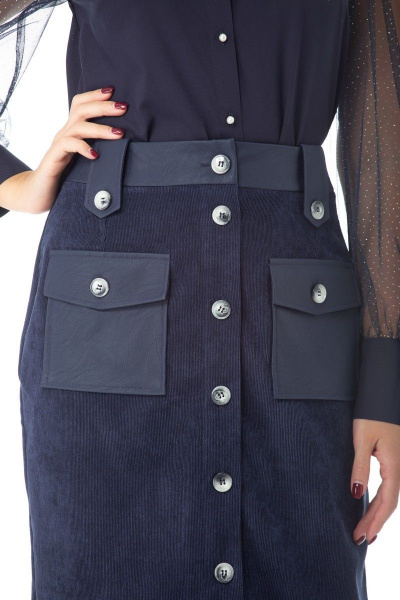 Юбка-карандаш из вельвета с кожаной отделкой и карманами Anelli 922 темно-синий - фото 10