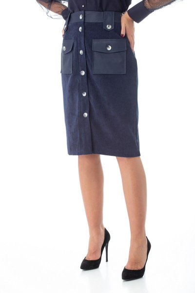 Юбка-карандаш из вельвета с кожаной отделкой и карманами Anelli 922 темно-синий - фото 6