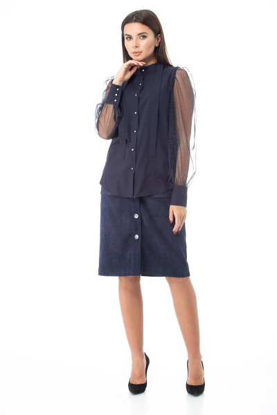 Юбка-карандаш из вельвета с кожаной отделкой и карманами Anelli 922 темно-синий - фото 4