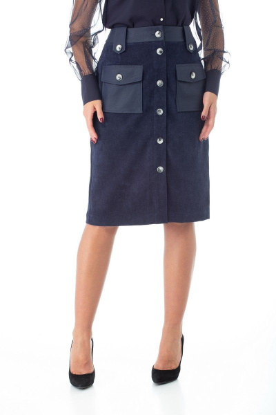 Юбка-карандаш из вельвета с кожаной отделкой и карманами Anelli 922 темно-синий - фото 2