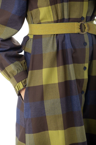 Платье-шот в клетку с рюшей и поясом для романтичного образа Anelli 977 оливка - фото 11