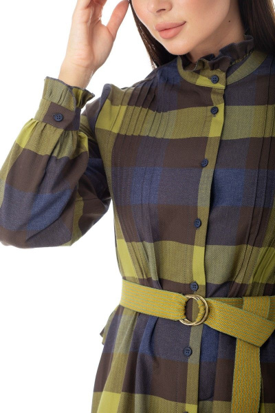 Платье-шот в клетку с рюшей и поясом для романтичного образа Anelli 977 оливка - фото 10