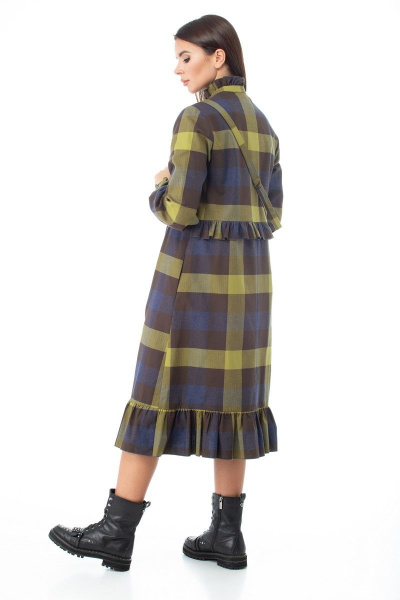 Платье-шот в клетку с рюшей и поясом для романтичного образа Anelli 977 оливка - фото 8