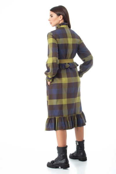 Платье-шот в клетку с рюшей и поясом для романтичного образа Anelli 977 оливка - фото 7