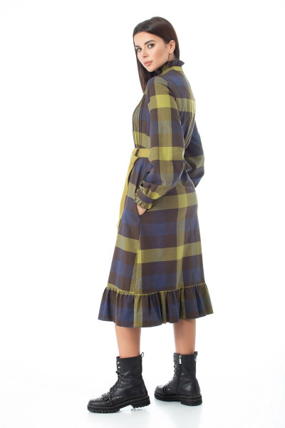 Платье-шот в клетку с рюшей и поясом для романтичного образа Anelli 977 оливка - фото 6