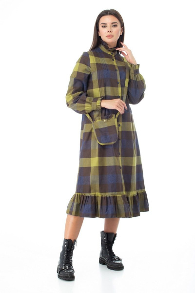 Платье-шот в клетку с рюшей и поясом для романтичного образа Anelli 977 оливка - фото 1