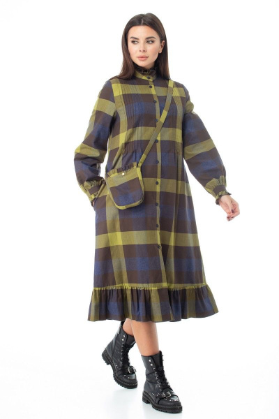 Платье-шот в клетку с рюшей и поясом для романтичного образа Anelli 977 оливка - фото 4