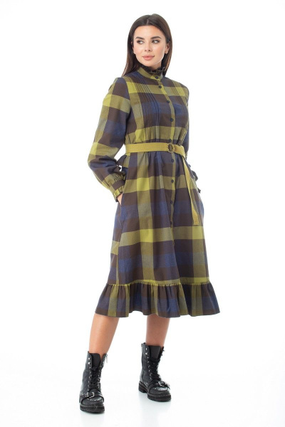 Платье-шот в клетку с рюшей и поясом для романтичного образа Anelli 977 оливка - фото 3