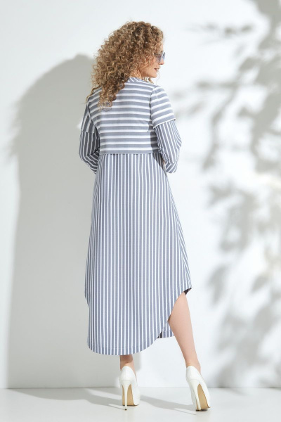 Платье-рубашка из текстиля с прорезными карманами и фигурным низом Euromoda 336 серо-голубой - фото 2