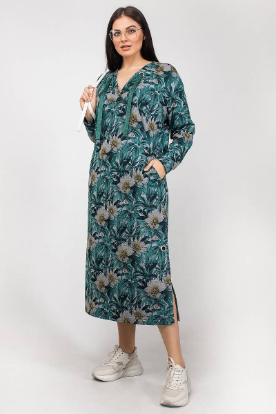 Платье свободное трикотажное в стиле casual La rouge 5345 изумруд-(листья) - фото 2