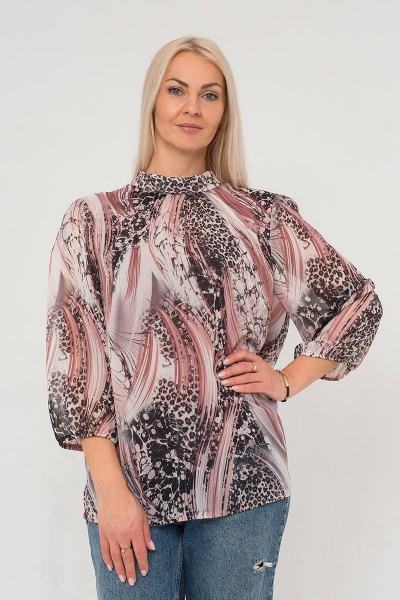 Блуза шифоновая с воротником-стойкой для офисных образов Avila 0822 розовый - фото 1