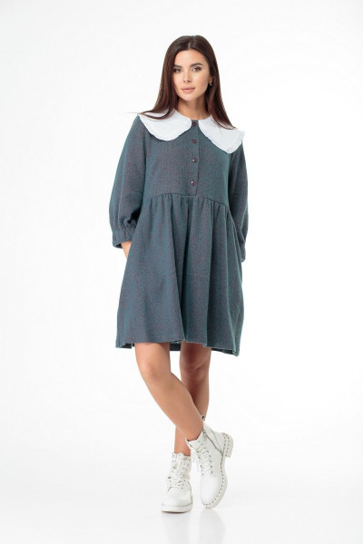 Платье свободного кроя с завышенной талией и съемным воротником Anelli 973 зеленый - фото 1