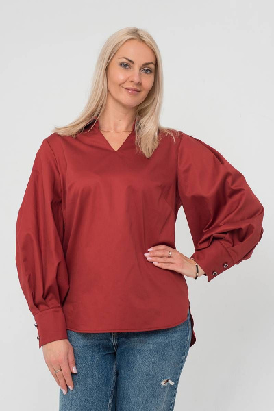 Блуза хлопковая с V-образным вырезом и воротником-стойкой Avila 0834 терракотовый - фото 1