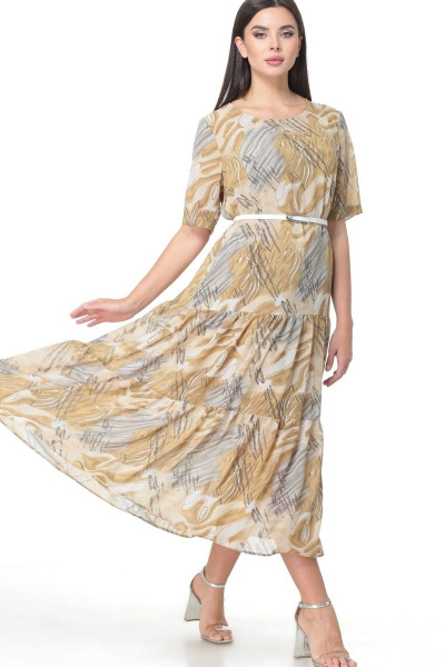 Нарядное платье из трикотажа и шифона со сборками Angelina & Сompany 514/2 песок_разводы - фото 6