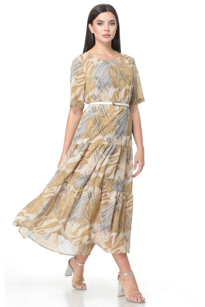 Нарядное платье из трикотажа и шифона со сборками Angelina & Сompany 514/2 песок_разводы - фото 1