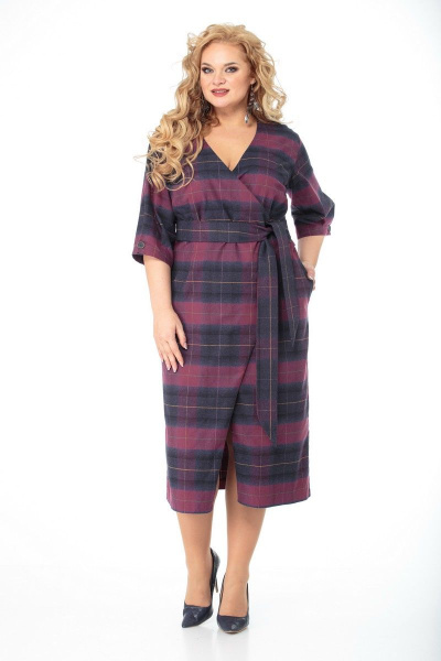 Платье полуприлегающего силуэта с вырезом В и поясом Anelli 946 бордо-клетка - фото 1