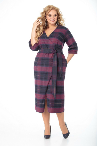 Платье полуприлегающего силуэта с вырезом В и поясом Anelli 946 бордо-клетка - фото 2