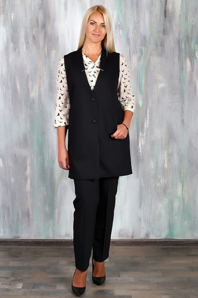 Деловой удлиненный жилет из текстиля с пуговицами Avila 0652 черный - фото 1