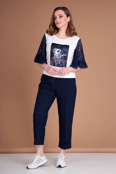 Летний женский комплект блуза и брюки с кружевом Liona Style 785 темно-синий - фото 2