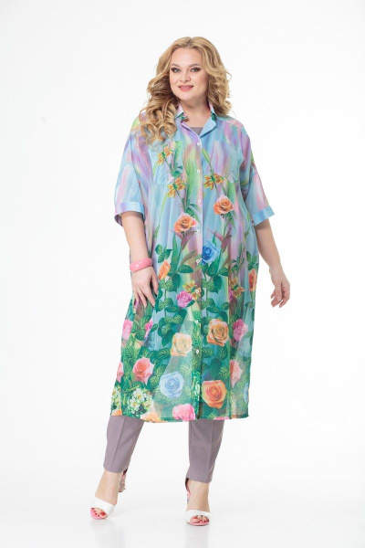 Комплект блуза, брюки и платье-рубашка из шифона Anelli 858 голубые_тона - фото 1