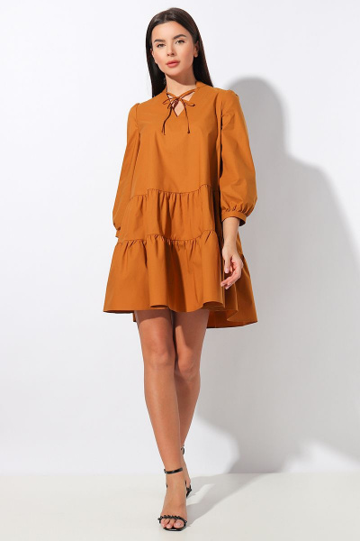 Платье свободного кроя хлопковое с V-вырезом VIZAVI 633 горчица - фото 2