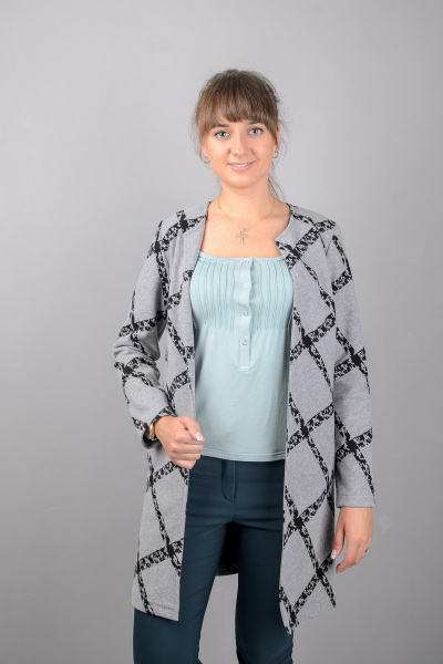 Круглогодичный серый удлиненный жакет прямого силуэта Mita ЖМ927 серый+клетка - фото 1