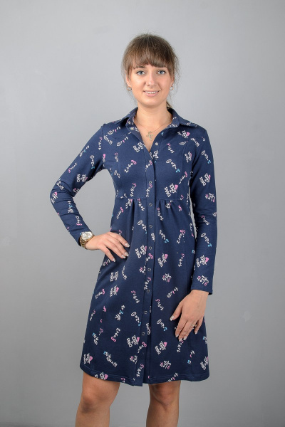 отделанное платье с кокеткой и воротником-стойкой Mita ЖМ891 синий/буквы - фото 1