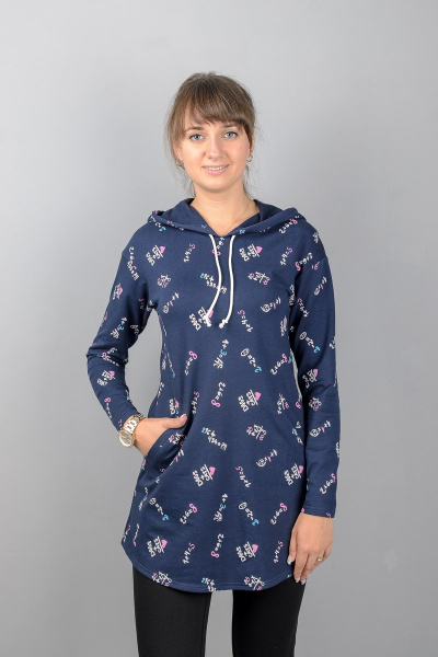 Туника А-силуэта с капюшем и длинным рукавом Mita ЖМ961 синий+буквы - фото 2