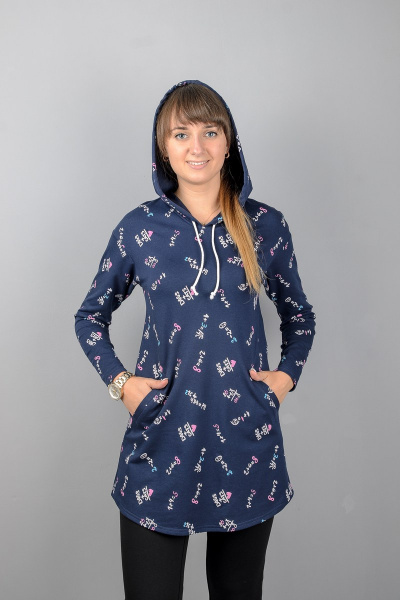 Туника А-силуэта с капюшем и длинным рукавом Mita ЖМ961 синий+буквы - фото 1