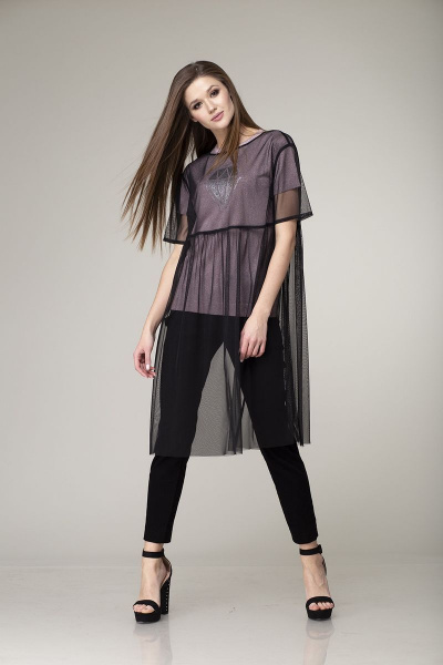 Демисезонный комплект топ и туника из текстиля и сетки Barbara Geratti С1158BG розовый/черный - фото 1