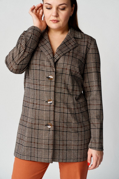 Бежевый и оранжевый костюм из трикотажа: кардиган и брюки Almirastyle 139 клетка/терракот - фото 2