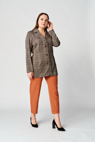 Бежевый и оранжевый костюм из трикотажа: кардиган и брюки Almirastyle 139 клетка/терракот - фото 1