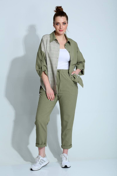 Демисезонный женский комплект рубашка и брюки в клетку Liona Style 790 зеленый - фото 2