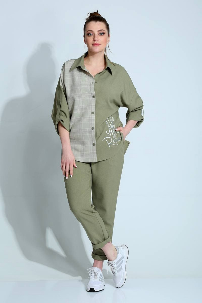Демисезонный женский комплект рубашка и брюки в клетку Liona Style 790 зеленый - фото 1