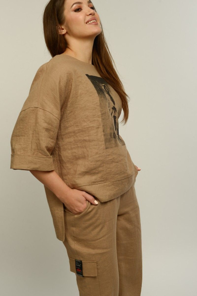 Льняные брюки с широким поясом и манжетами MALI 321-039 капучино - фото 5