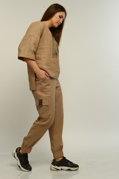 Льняные брюки с широким поясом и манжетами MALI 321-039 капучино - фото 4
