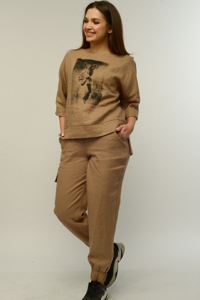 Льняные брюки с широким поясом и манжетами MALI 321-039 капучино - фото 2