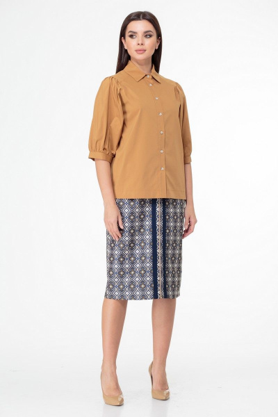 Блуза с объемными рукавами и асимметричным низом Anelli 987 горчица - фото 12