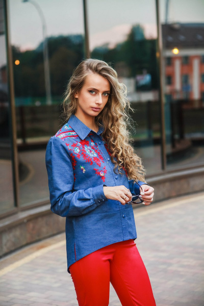 Блуза хлопковая с карманами прямого кроя Edibor 2001/1 джинс - фото 3