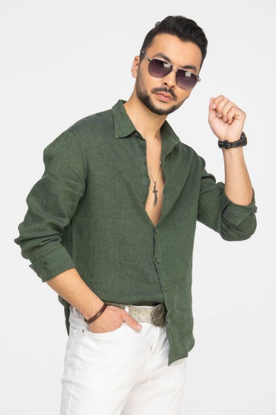 Рубашка мужская классическая из льна с пуговичным воротником Cool Flax КФР001 зеленый - фото 1