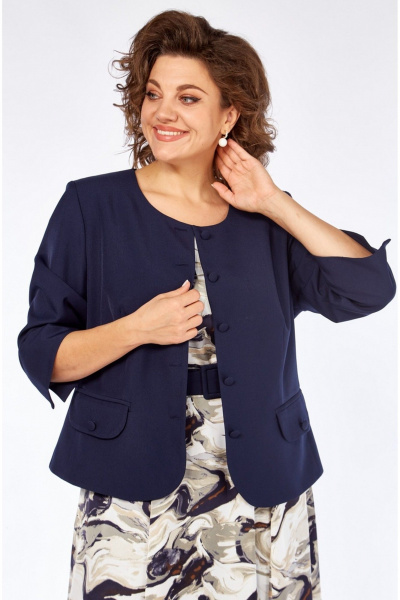 Жакет, платье, пояс Милора-стиль 1260 синий+ абстракция - фото 3