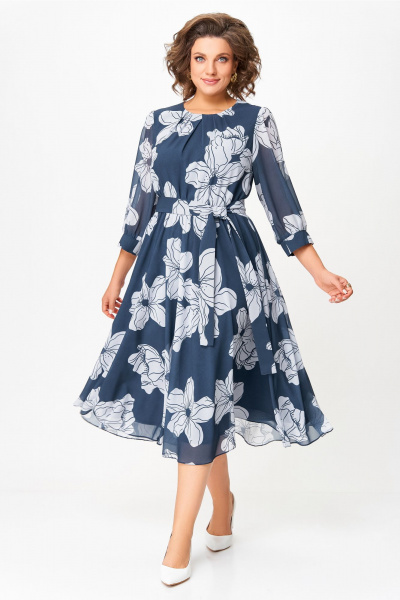 Платье Swallow 870 дымчато-синий/принт_белые_цветы - фото 4